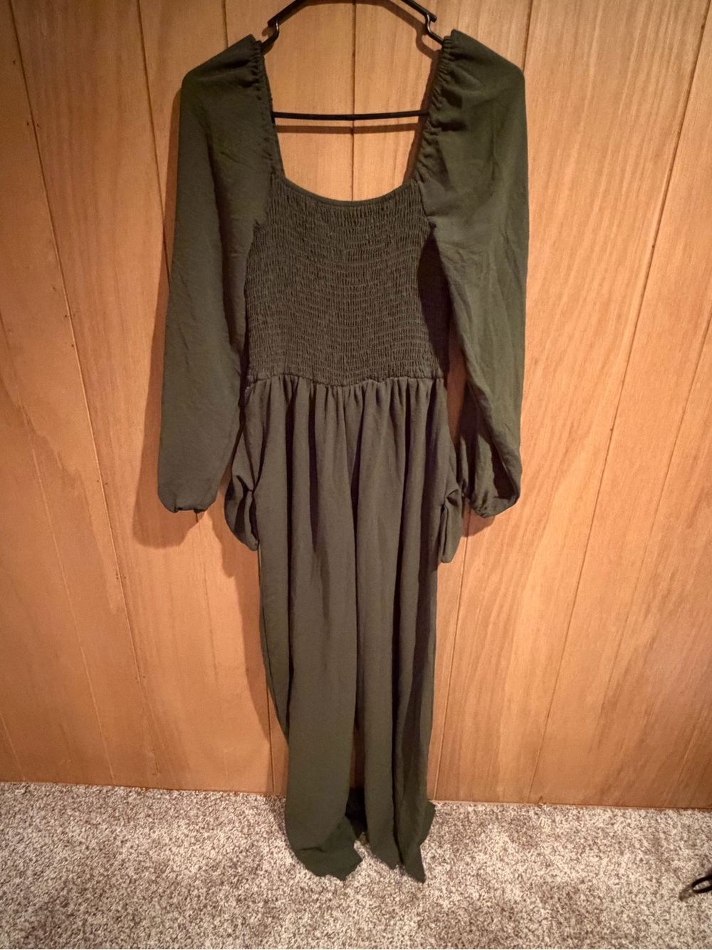 Smocked Square Neck Long Sleeve Maxi Romper- Olive Green